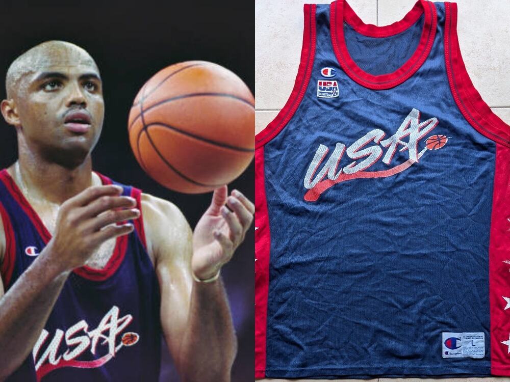 Atlanta 1996 Olympic DREAM Team USA Basketball CHAMPION jersey navy L stars vtg